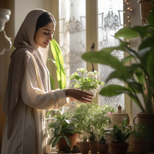 A Saudi woman using spray on houseplant