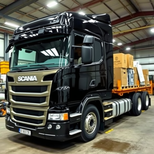 A Scania Truck in Repair Shop with Boxes