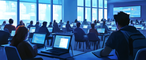 A Scene of College Students Coding in Classroom