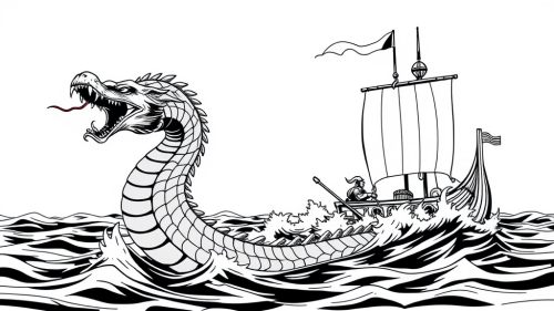 A Sea Serpent Chasing Viking Ship.