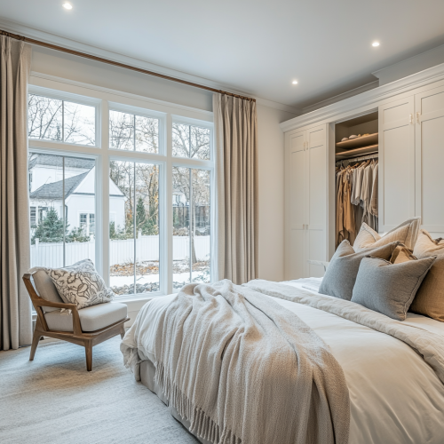 A Serene Bedroom with Elegant Bed and Large Windows