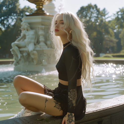 A Serene Girl By Fountain With Unique Style