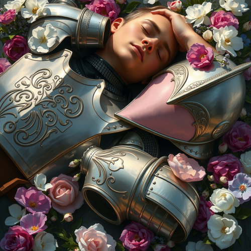 A Serene Knight Resting Amidst Blossoming Flowers