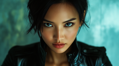A Serious Asian Woman in Leather Jacket