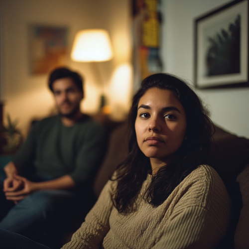 A Serious Woman and Happy Boyfriend at Home