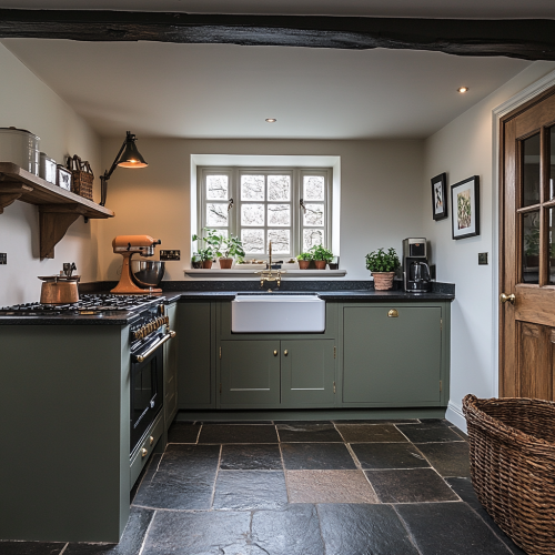 A Shaker kitchen with sage green cabinets