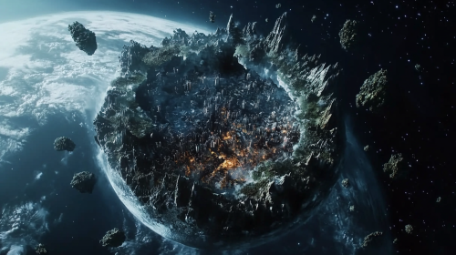 A Shattered Planet with Cities and Mountains in Space