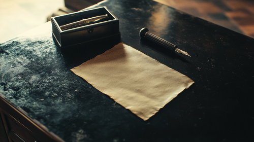 A Shiny Table with Parchment, Ink and Pen