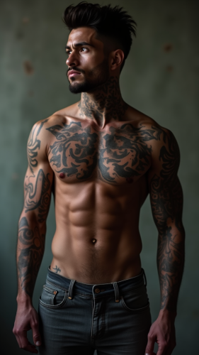 A Shirtless Black Man with Tattoos