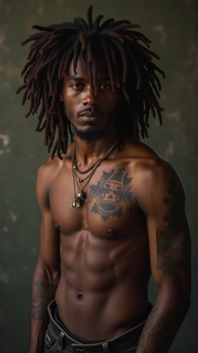 A Shirtless Man with Dark Skin, Dreads and Tattoos