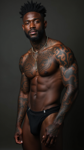 A Shirtless Man with Tattoos, Dark-Skinned
