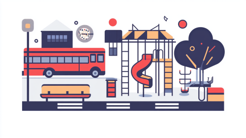 A Simple School Playground with Bus and Equipment