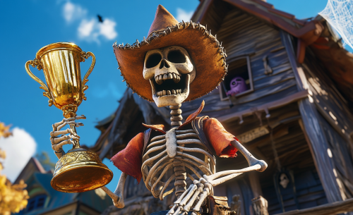 A Skeleton Cowboy with Trophy and Chainsaw