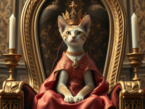 A Slender Cat in Royal Attire on Throne