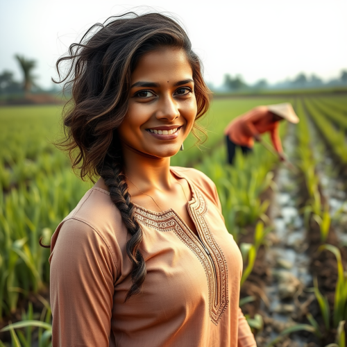 A Smiling, Muscular Indian Woman in a Field