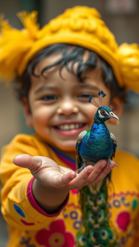 A Smiling Asian Child Holds Tiny Peacock A Smiling Asian Child Holds Tiny Peacock