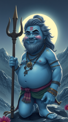 A Smiling Blue Figure Holding Trident, Moonlit Mountains