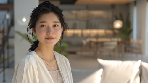 A Smiling Japanese Girl in Modern Space