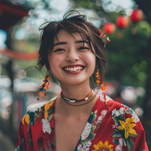 A Smiling Japanese Woman at Summer Racetrack