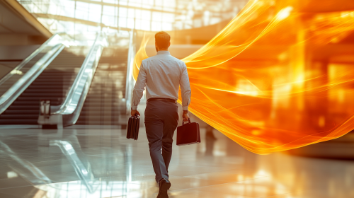 A Smiling Office Worker Walking Towards Escalator