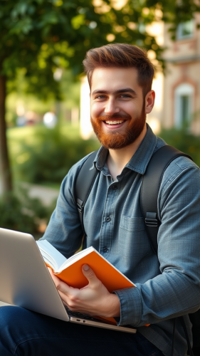 A Smiling Student with Laptop and Book in Summer
