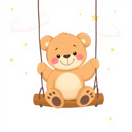 A Smiling Teddy Bear Swinging in Clouds
