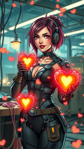 A Smiling Woman Creating Atomic Hearts in Futuristic Style A Smiling Woman Creating Atomic Hearts in Futuristic Style