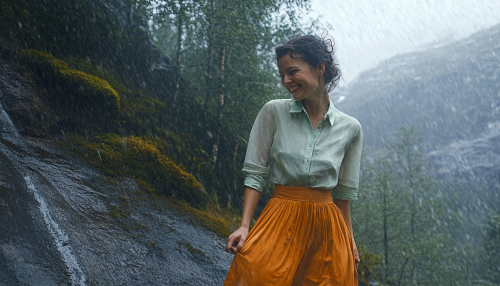 A Smiling Woman in Classy Clothes Standing in Rain