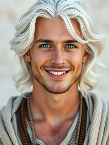 A Smiling Young Man with Wavy White Hair in Tribal Attire