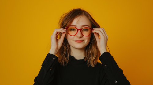 A Smiling Young Woman with Red Glasses
