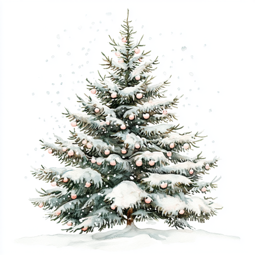A Snowy Pine Tree with Christmas Lights