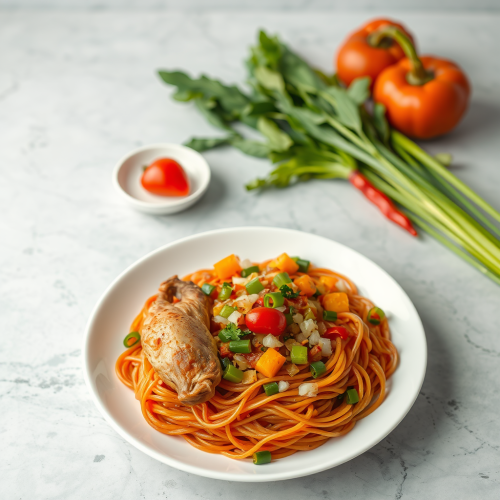 A Spicy Red Noodle Dish with Chicken