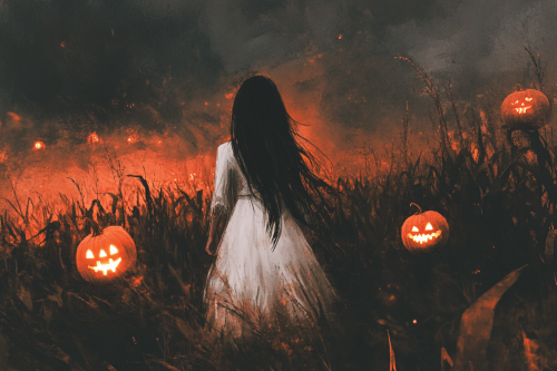 A Spooky Japanese Girl in Cornfield with Jackolanterns
