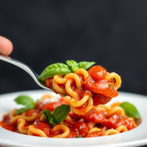 A Spoonful of Sauced Fusilli Pasta with Basil