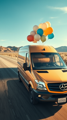 A Sprinter Van with Balloons in Texas Desert A Sprinter Van with Balloons in Texas Desert