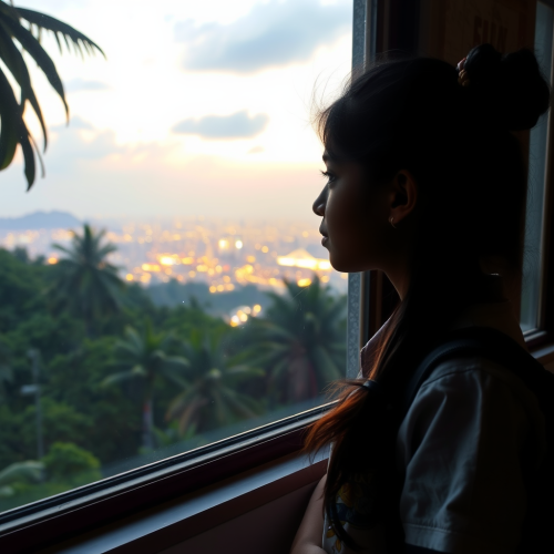 A Sri Lankan Girl Observing a Glowing City