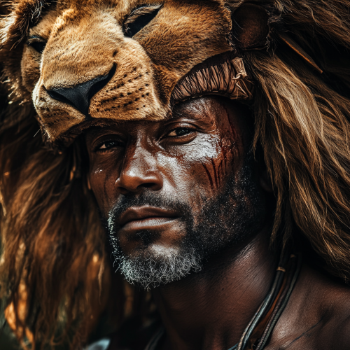 A Strong African Warrior Man with Lion Headdress