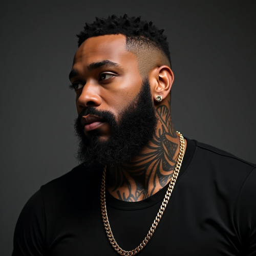 A Strong Man with Beard, Tattoos, and Chain