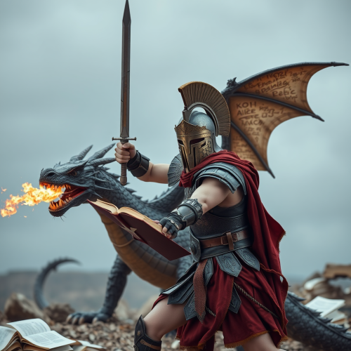 A Student Gladiator Fighting Textbook Dragon