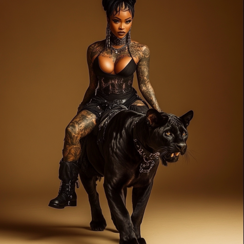 A Stunning African Woman with Tattoos Riding Panther