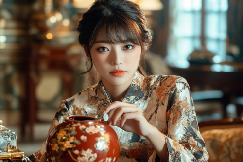 A Stylish Japanese Woman Saving Money at Home