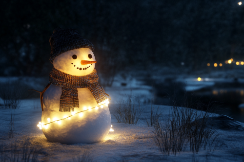 A Stylish Snowman Glowing Softly in Moonlight