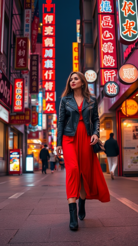 A Stylish Woman Strolling in Neon-lit Tokyo