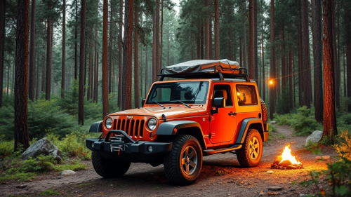 A Stylized Jeep Camping Trip in Forest