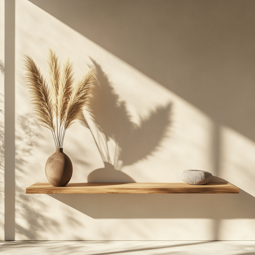 A Sunlit Entryway with Wooden Shelf and Vase