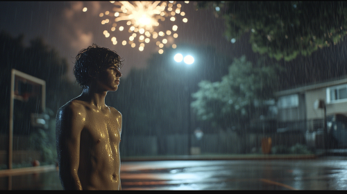 A Sweaty Basketball Player Amidst Fireworks at Night