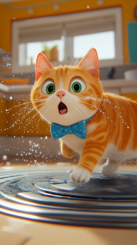 A Tabby Cat Oliver Riding Vacuum in Kitchen