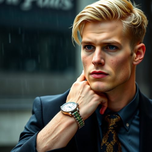 A Tall Blonde Man Walking in Rain with Style A Tall Blonde Man Walking in Rain with Style