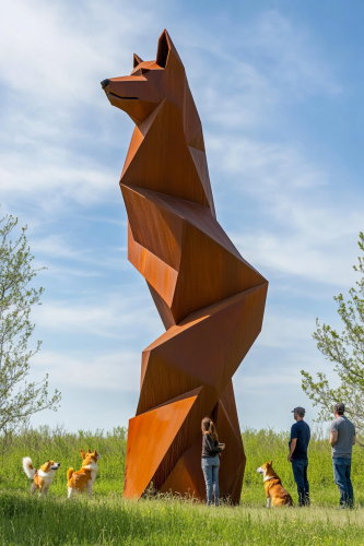 A Tall Corgi Sculpture with People for Scale