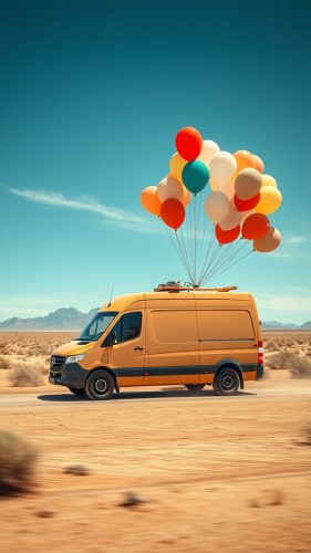 A Tan Van with Balloons in Texas Desert A Tan Van with Balloons in Texas Desert